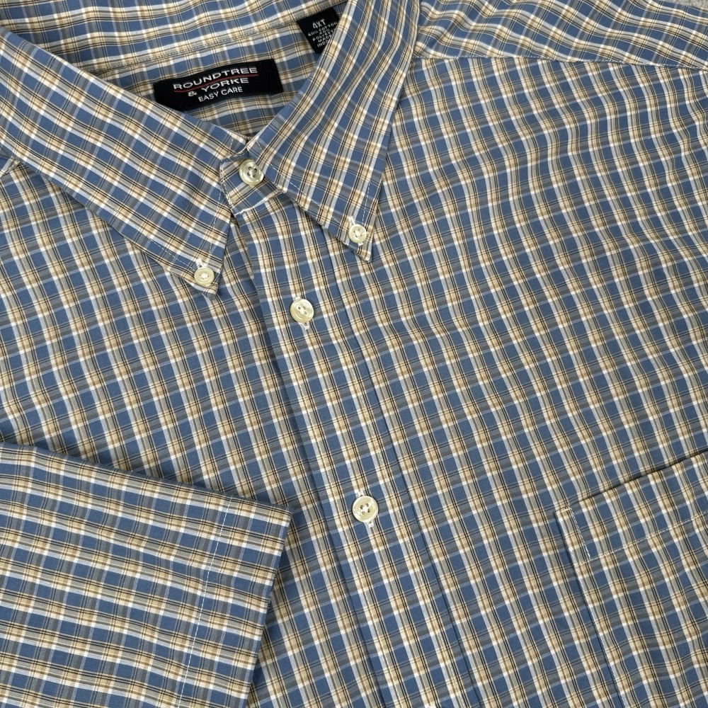 Roundtree & Yorke Easy Care Shirt Mens 4XT Blue Plaid Short Sleeve Button Down